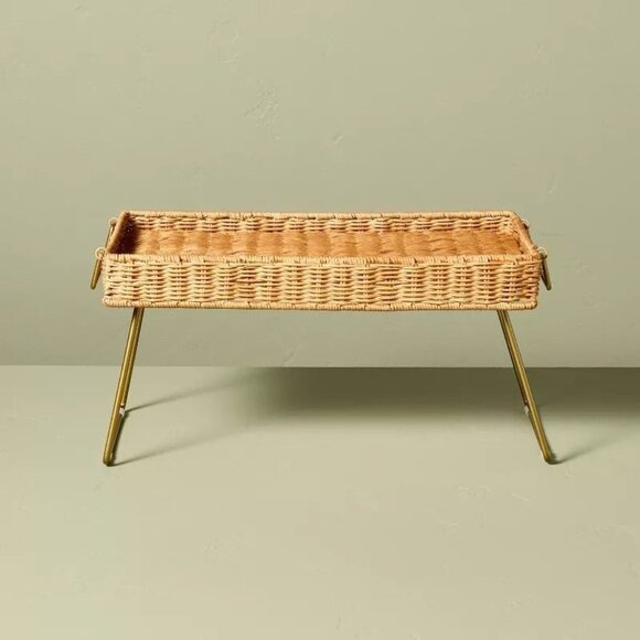 Natural Woven Tray Brass Handles & Foldable Legs - Hearth & Hand Magnolia Target - Picture 2 of 9